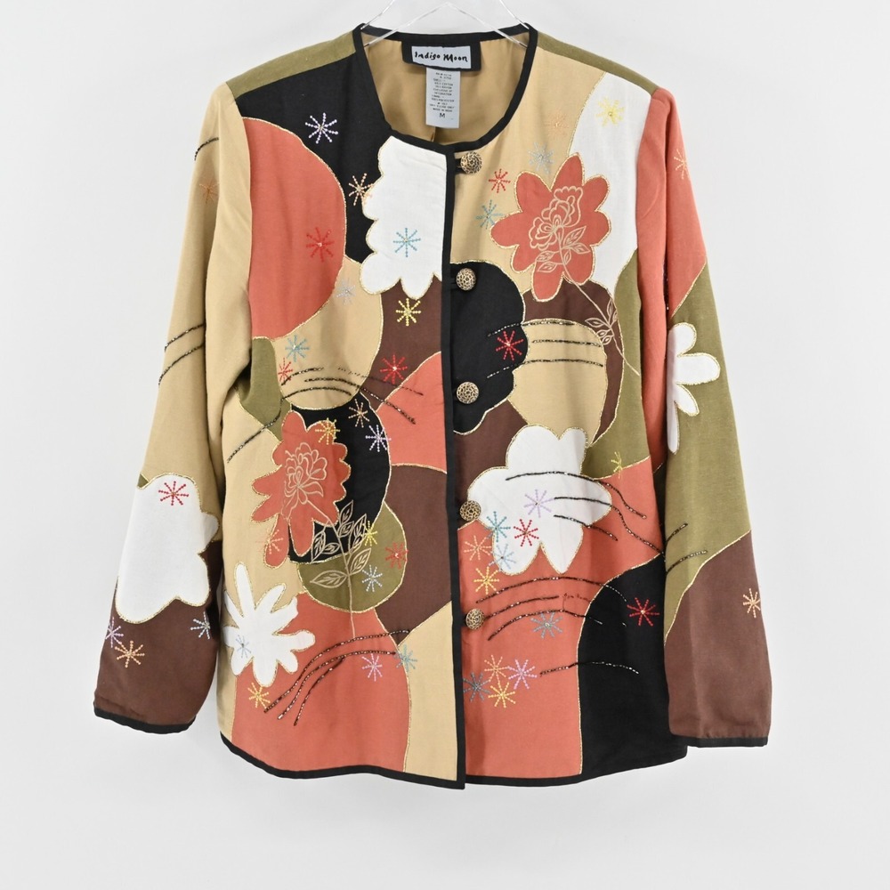 Vtg INDIGO MOON Womens Floral Beaded Jacket‎ Size M Multicolor Boho Art to Wear